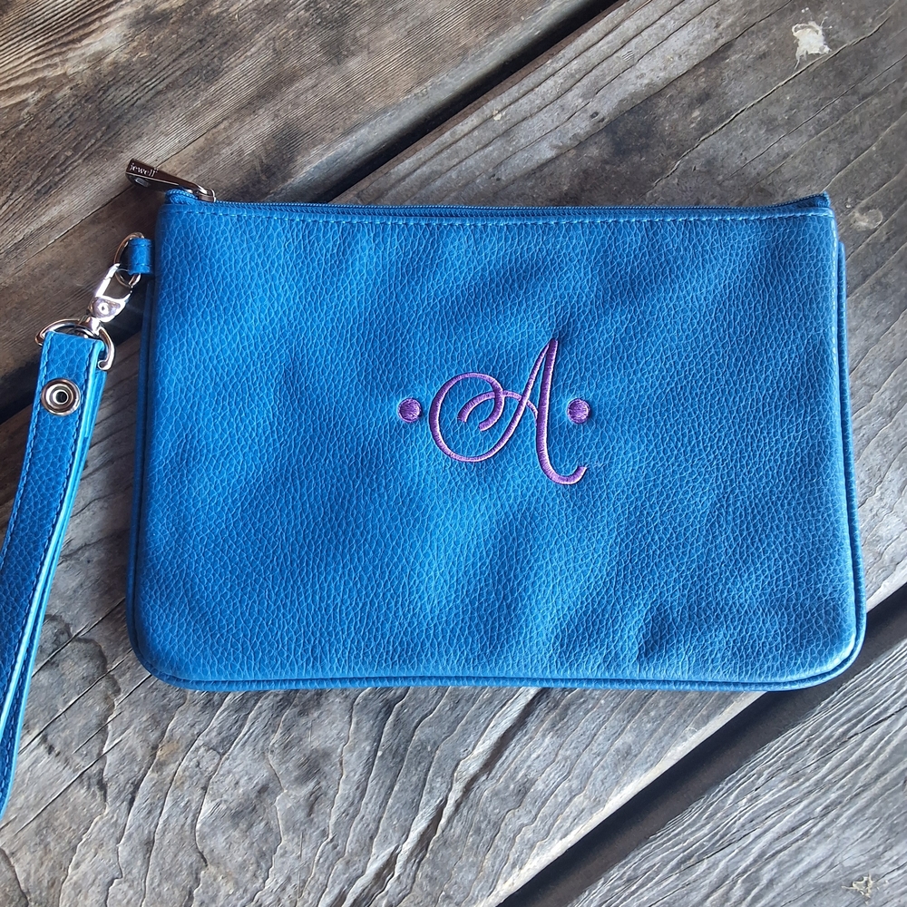 Thirty-One Blue Rubie Mini Clutch with Monogram A And Wristlet